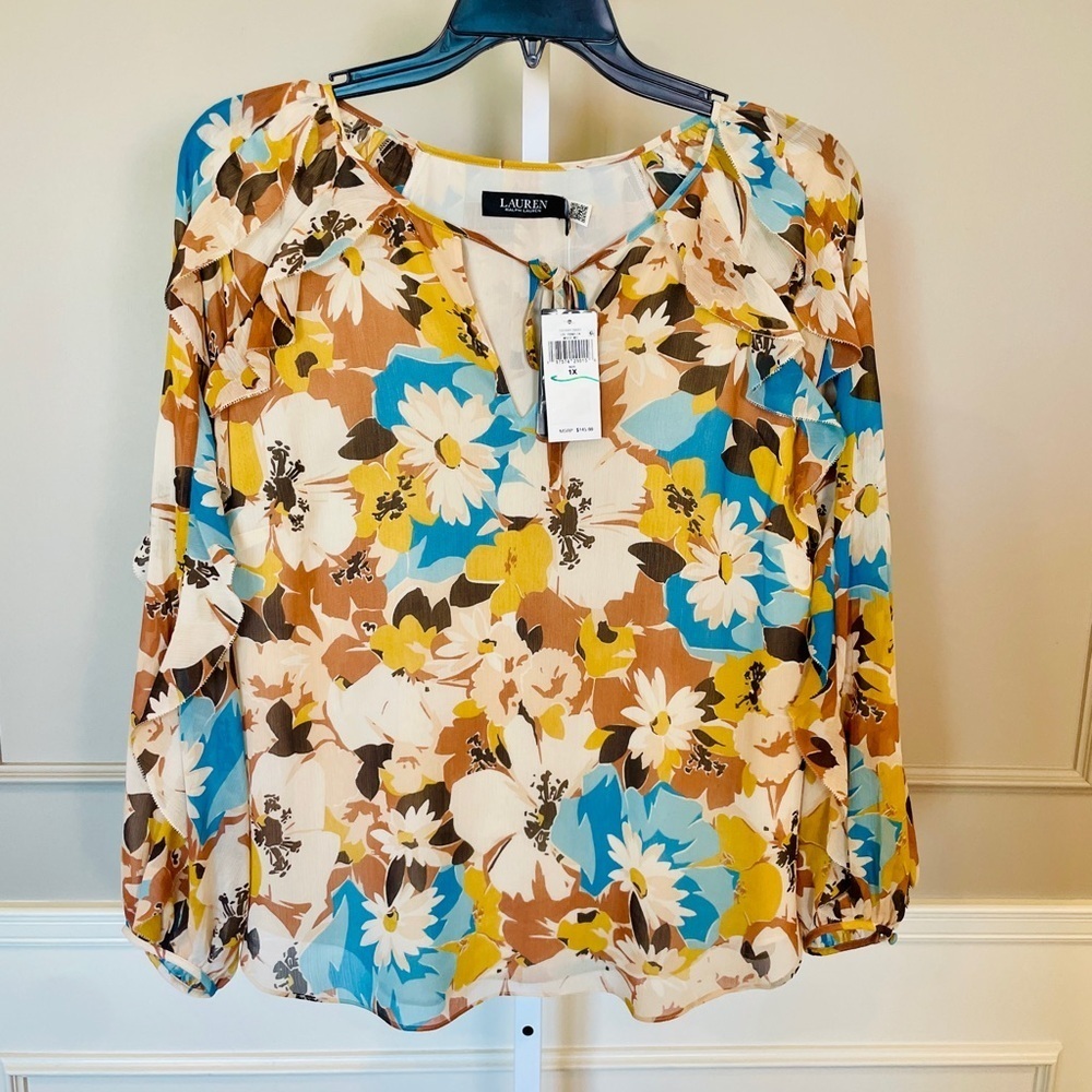 Lauren Ralph Lauren NWT 1X Peasant Blouse Tan Floral Popover Black Label $145